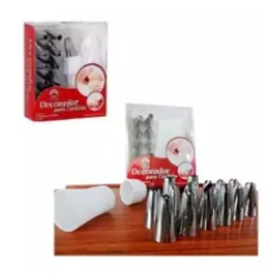 Picture of Decorcrafts??? 12 Piece Cake Decorating Set Frosting Icing Piping Bag Tips with Steel Nozzles. Reusable & Washable -Silver