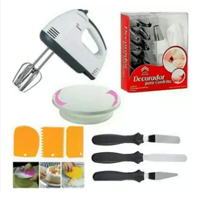 Picture of Cake Baking Electric Hand Mixer, Cake Table, 3 in 1 Knife Set, 12 Piece nozzles, 3 Patterns Cake Side Scraper (Baking Tools KIT) -White