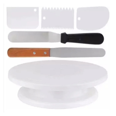 Picture of Homeries 6-Piece Cake Decorating Supplies Kit - Turntable with 3 Decorating Comb/Icing Smoothers + 2 Stainless Steel Icing Spatulas - Best for Cake Decorating Training and Party Planning Display -White
