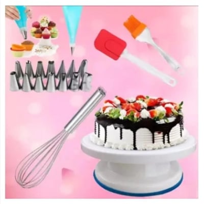 Picture of Cake decoration tools Combo Set/1x trun table 1x Hand-Held Egg Beater Steel -Silver 1x Oil Brush & Spatula Set 1 x Cake Nozzle Set 100 piece paper cup mold -Silver