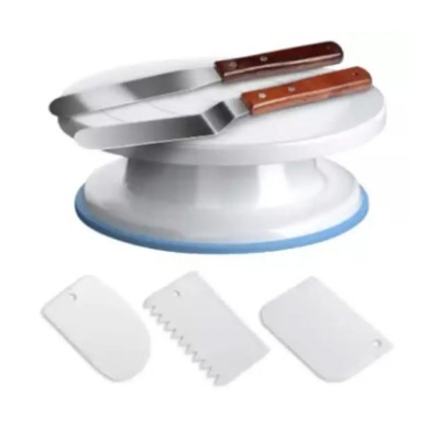Picture of 6 Combo Cake Decorating Turntable Rotating Cake Stand Cake Plate with 3 Scraper and  Stainless Steel Palette Knife 8" 2 pieces for Cake Decorating, Baking, Pastries and Icing Patterns, 28x7 cm, White -Multicolor
