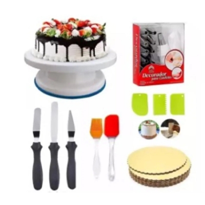 Picture of 6 Item Deal Cake Turntable, 12 Piece Cake Decorating Nozzle Set, 3 in 1 Multi Function Knife Set, 3 Side Scrapper,Cake Board 5 Piece, Silicon Spatula Brush Set -Multicolor