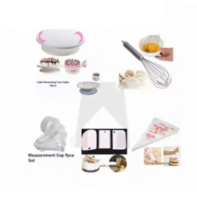 Picture of 5 X Combo Cake Decorating Turn table 28 Inches + Egg Bitter + 3 PCS Plastic Cake Scraper + Measurement Cup set + 10 Pieces Piping Bag -White