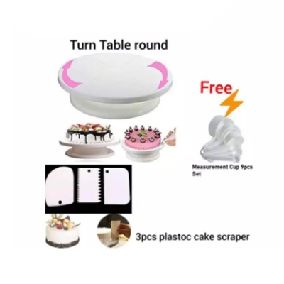 Picture of Combo Cake Decorating Turn table & 3 PCS Plastic Cake Scraper Free Measurement Cup set -White