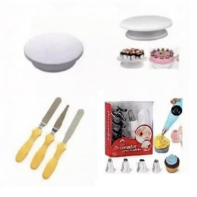 Picture of 3 Item Cake Combo Cake Decorator Nozel set 12 pieces +28 CM Turn Table + 3 pcs Butter Knife Set + -White