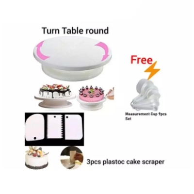 Picture of Combo Cake Decorating Turn table & 3 PCS Plastic Cake Scraper Free Measurement Cup set -White