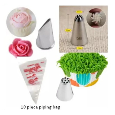 Picture of 3 Pieces Big Size Nozzle Set(Rose + grass + 195 Nozel) + 10 pieces Pipping Bags -Silver