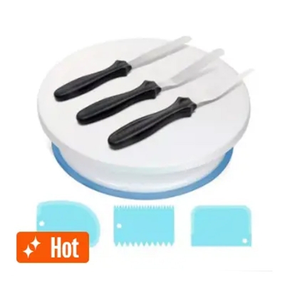 Picture of CZS 6pcs Rotating Cake Turntable Set With 2Pcs Baking Frosting Spatulas 3Pcs Pastry Scraper Combs White Plastic Cake Decorating Supplies -White