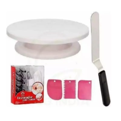 Picture of Cake Making Tools Turn Table 7 inch Stainless Steel Spatula, 12 Piece of Cake Decoration Nozzles with Icing Bag and 3 Pieces of Dough Scrapper(Multicolor) Multicolor Kitchen Tool Set (Multicolor) -White