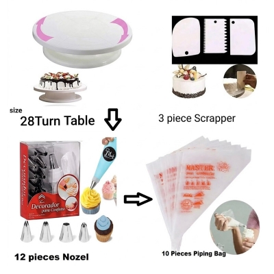 Picture of Cake Decorating Turntable - 28 cm and 12 pieces of Nozzle Set and Piping Bags and set of combo pack of 3 items -Multicolor