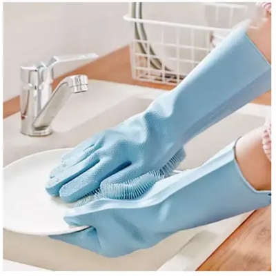 Picture of Silicone Cleaning Gloves with Wash Scrubber Reusable Brush Dish -Multicolor
