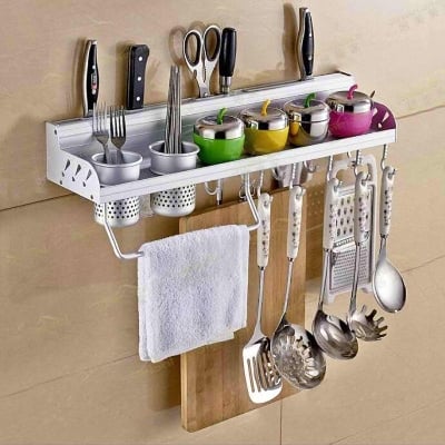Picture of Kitchen Storage Rack Pantry Pan Pot Organizer Cookware Holder Hooks Spice Dinnerware ShelF Silver 