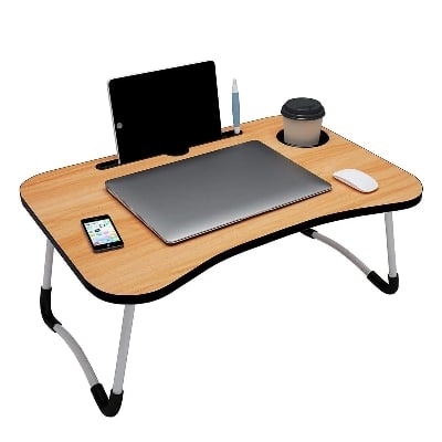 Picture of Wooden Study bed table with Mobile Tablet Holder Desk Table Stand Bed Table Dock Stand Writing Table Ergonomic Round Edges Non-Slip Legs Brown 