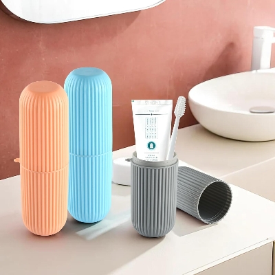 Picture of 2 Pack Toothbrush Holder | Toothbrush Box | Capsule Shape Toothpaste Holder | Brush Holder for Travel | Plastic Brush Holder | Bathroom Toothbrush Kit | Multicolor Multicolor 