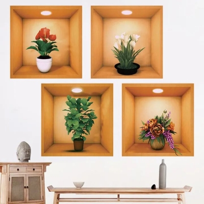 Picture of 2pcs Potted Plant Illustration Decoration Sticker Wall Sticker Self-Adhesive PVC Living Room Wall Pediments Plant Multicolor 