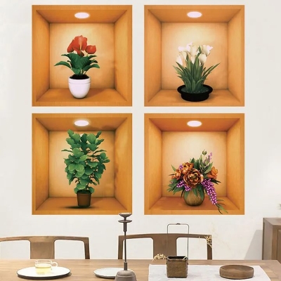 Picture of 2pcs Potted Plant Illustration Decoration Sticker Wall Sticker Self-Adhesive PVC Living Room Wall Pediments Plant Multicolor 
