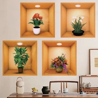 Picture of 2pcs Potted Plant Illustration Decoration Sticker Wall Sticker Self-Adhesive PVC Living Room Wall Pediments Plant Multicolor 