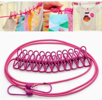 Picture of Elastic Cloth Hanging Rope Cloth Drying Outdoor Travel Portable 12 Clips 2 Hooks Multicolor 