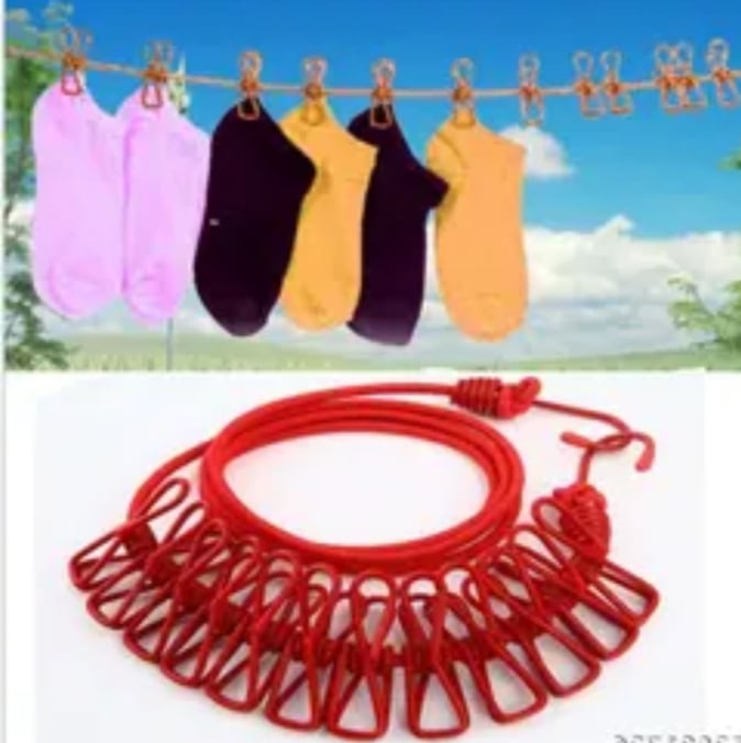 Picture of Elastic Cloth Hanging Rope Cloth Drying Outdoor Travel Portable 12 Clips 2 Hooks Multicolor 