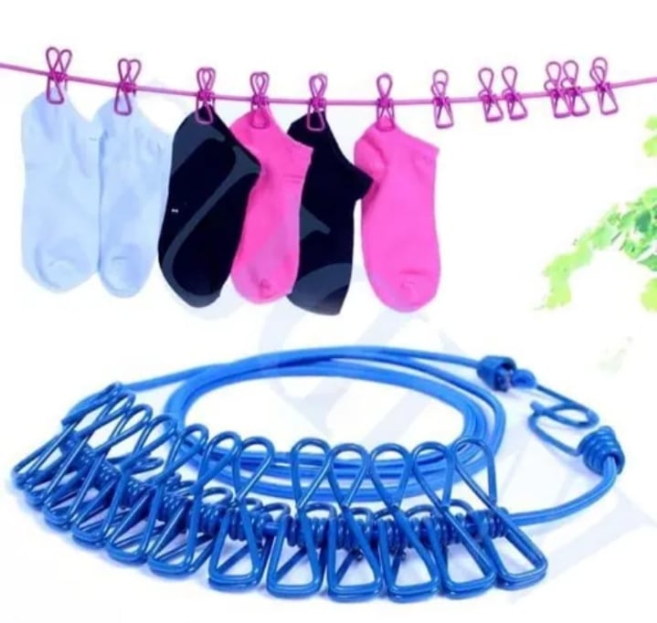 Picture of Elastic Cloth Hanging Rope Cloth Drying Outdoor Travel Portable 12 Clips 2 Hooks Multicolor 