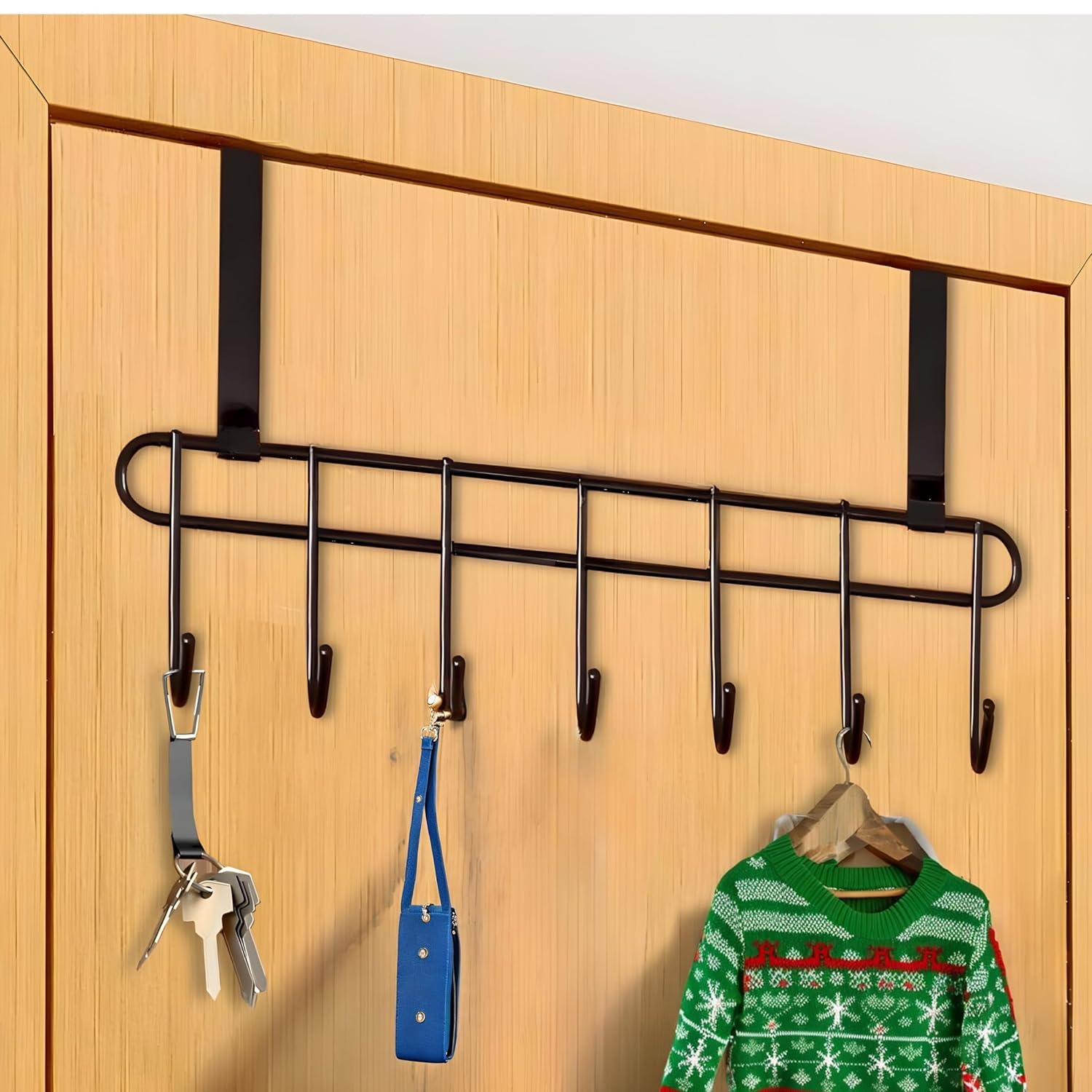 Picture of Functional metal Over The Door 7 Hook Hanger Organizer | Wall Hook Rack | for Hanging Clothes | Door Black 
