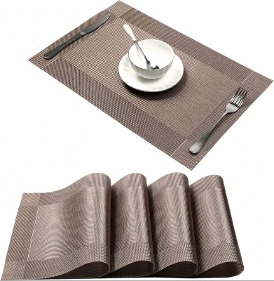 Picture of 4 Pcs Table Mats PVC Placemats Heat-Resistant Placemat for Dining Table Woven Vinyl Stain Resistant Table Mats Easy to Clean Coffee 