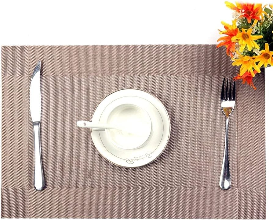 Picture of 4 Pcs Table Mats PVC Placemats Heat-Resistant Placemat for Dining Table Woven Vinyl Stain Resistant Table Mats Easy to Clean Coffee 