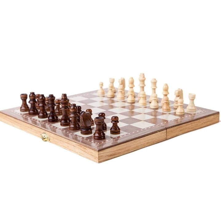 Picture of Folding Wooden Chess Set 3 in 1 Game Set - Chess / Checkers / Backgammon with Folding Board and Handcrafted Wooden Piece Brown 