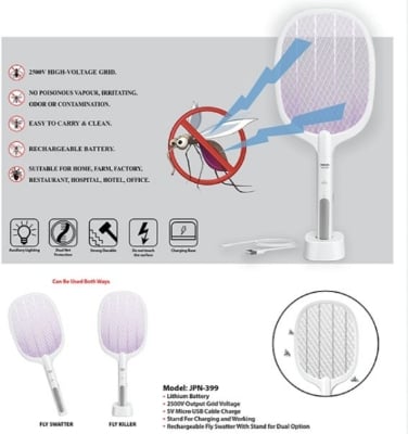 Picture of Wireless Handheld Electric Shock Mosquito Killer/Fly Swatter Racket Bat/Electric Insect Killer with 3-Layer Mesh UV Light Lamp USB Charging Base for Indoor Outdoor Multicolor 