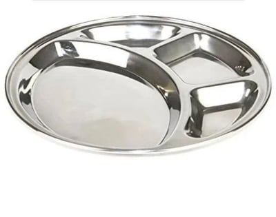 Picture of 1 pcs  Steel devided plate service plate,Round Lunch Dinner Plate Thali 4 in 1 Compartments Dinner Set Round Plate Silver 