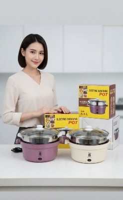 Picture of Electric Cooking Pot 4.5L Multi-Functional Electric Cooking Pot with Steamer - Non-Stick Hot Pot for Rice, Noodles, Soup and Steaming"
