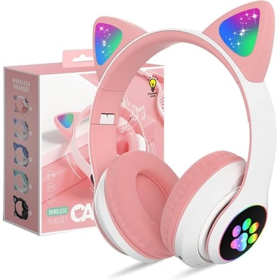 Picture of STN28 LED Cat Ear Headset Noise Cancelling Headphones Bluetooth 5.0 Colorful Kids Headset Support TF Card 3.5mm Plug with Mic