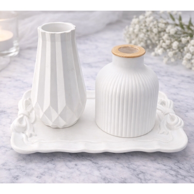Picture of Ribbed round turbine vase mini for home and living room decoration combo(set of 2 vase and a tray)