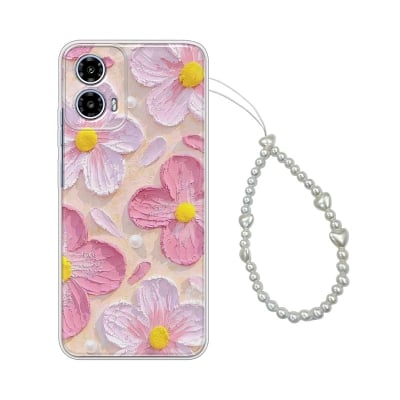 Picture of Printed Back Cover for Motorola Moto G96 5G Back Cover Case with Phone Charm Chain Strap Beads & Pearls for Girls Stylish - Pink Beach Floral Trendy and Hearts Charms