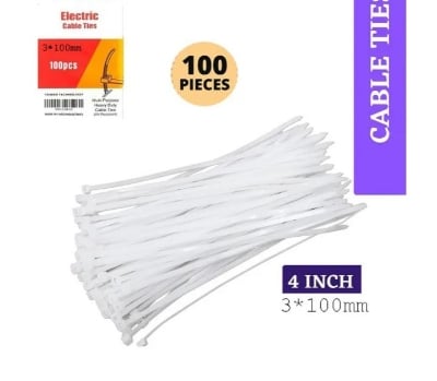 Picture of Arif Cable Ties 4 Inch 3 X 100 mm White Color Durable Nylon Self-Locking Electric Zip Tie-100 PCS Packet
