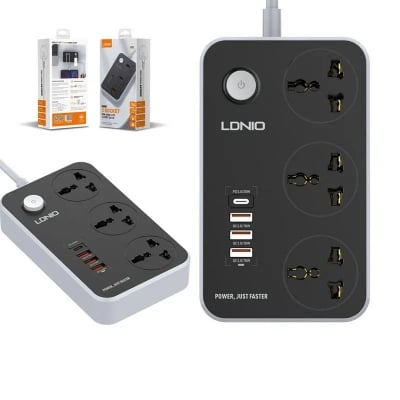 Picture of LDNIO SC3412 38W PD20W Power Strip 3 Socket Outlets and 3 QC 3.0 USB - Black