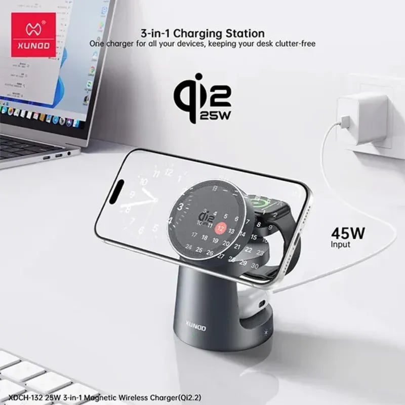 Picture of XUNDD Qi2.2 25W 3-in-1 Magnetic Wireless Charger -  Silver