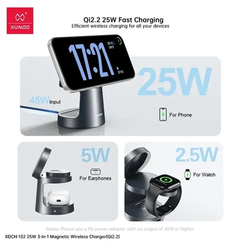 Picture of XUNDD Qi2.2 25W 3-in-1 Magnetic Wireless Charger - Grey