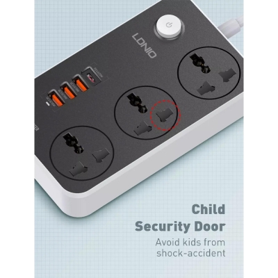 Picture of LDNIO SC3412 38W PD20W Power Strip 3 Socket Outlets and 3 QC 3.0 USB - Black