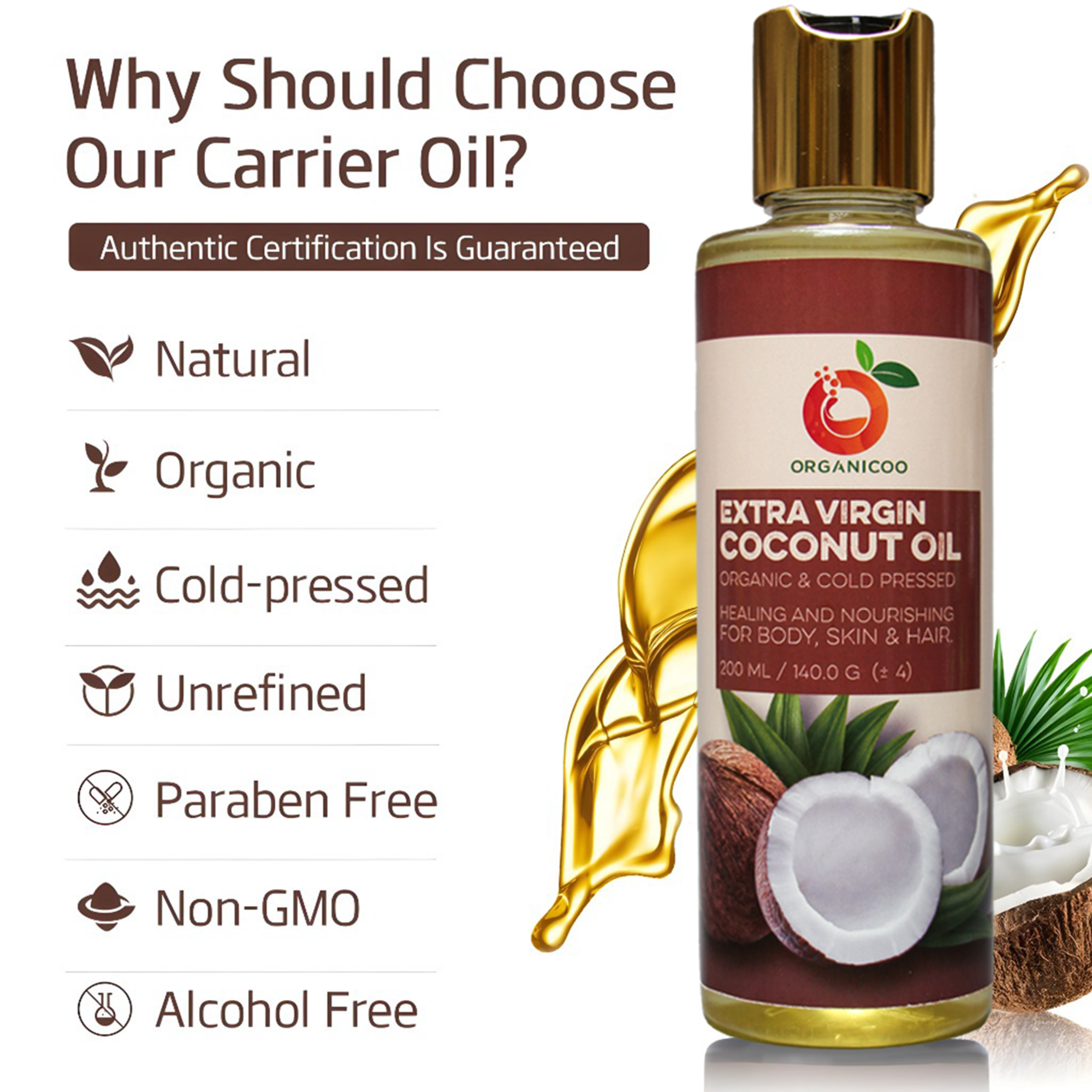 Picture of Organicoo Extra Virgin Cold Pressed Coconut Oil – 100% Pure – For Hair, Skin & Body – 200ml Jar