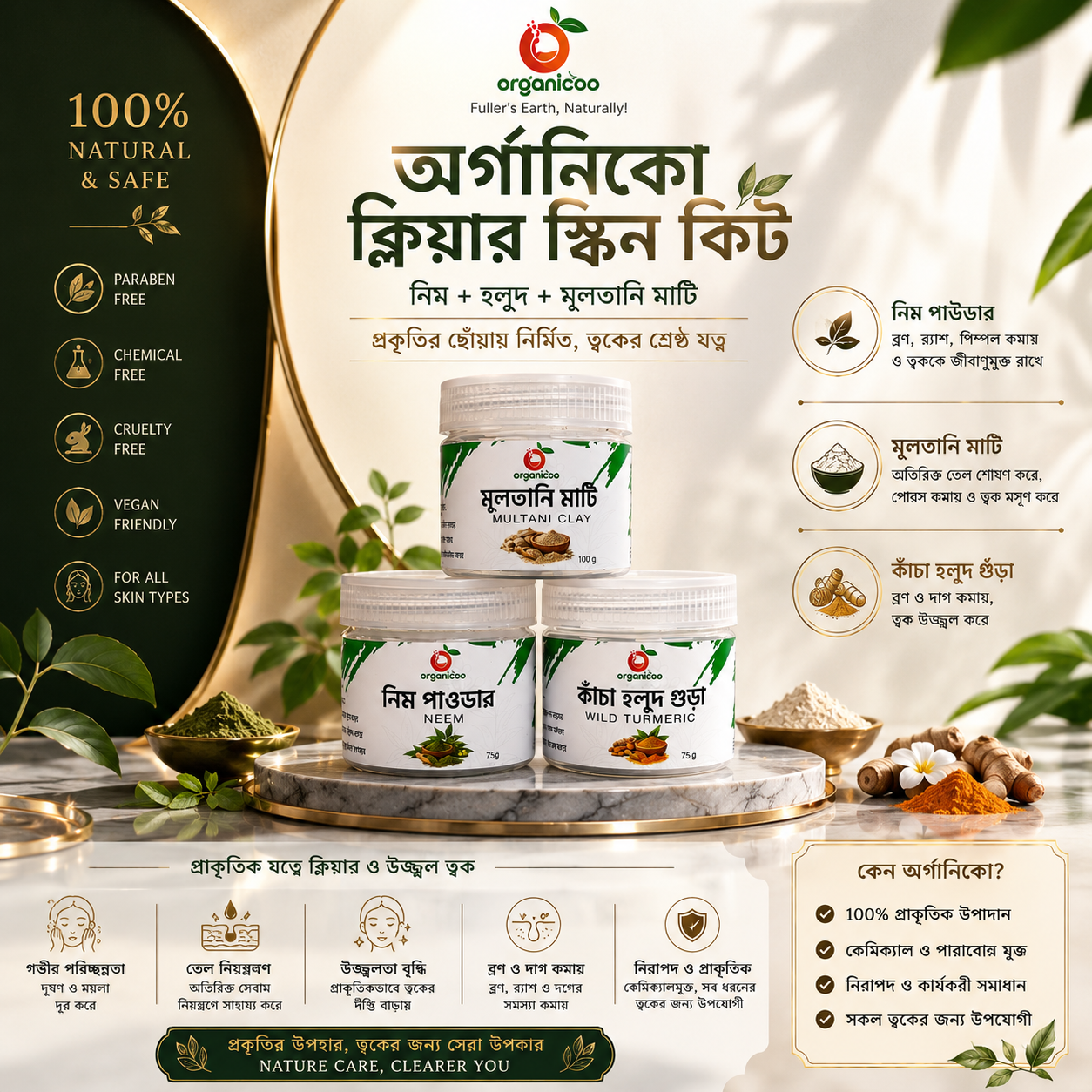 Picture of Organicoo Clear Skin Kit | Neem + Turmeric + Multani Mitti | 100% Natural Herbal Face Pack for Acne Oily Skin | No Chemical | 3-in-1 Combo | For Men & Women