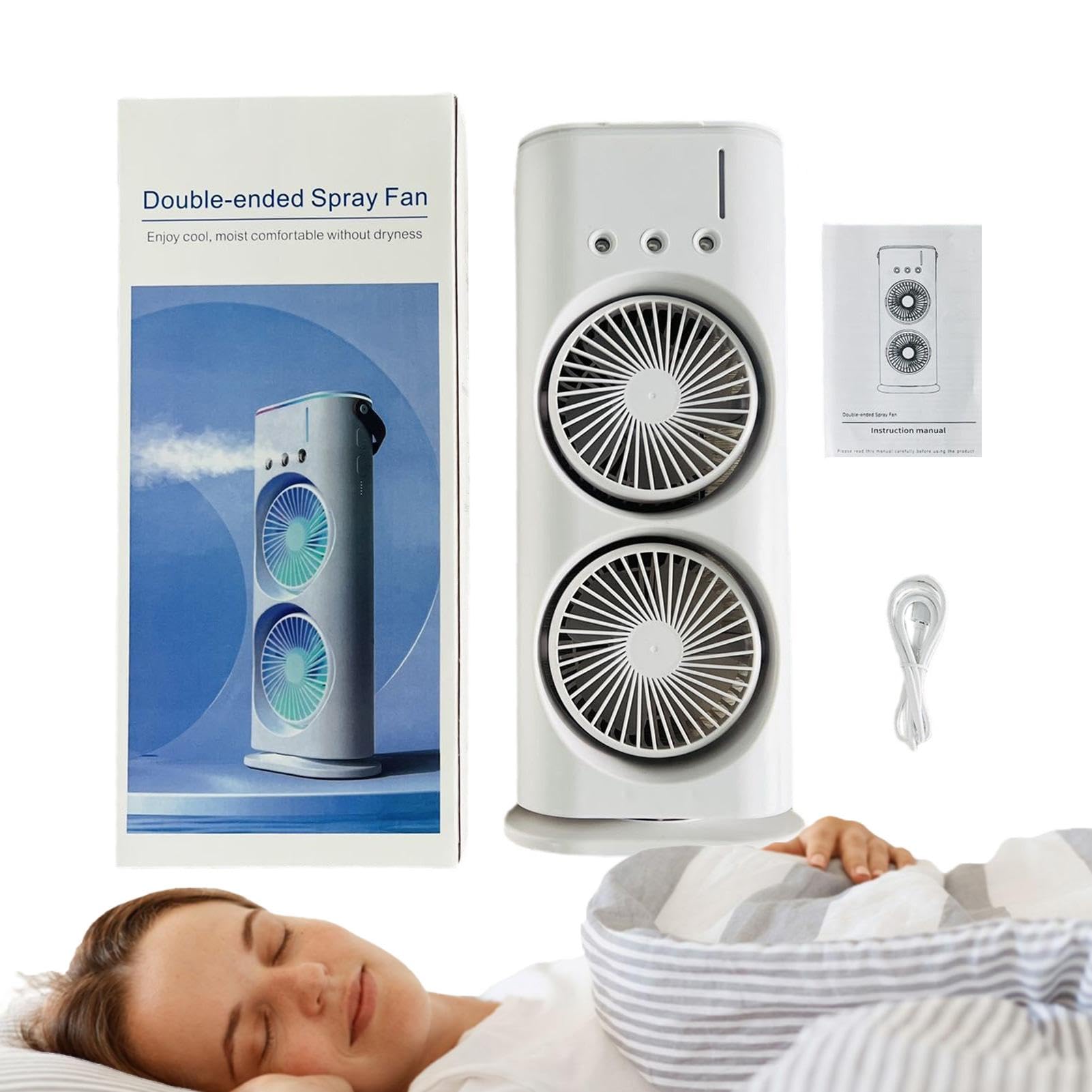 Picture of Portable Mist Fan with Remote – Dual Fan Heads + LED Night Light  - White