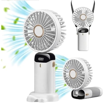 Picture of 4000mAh Handheld Mini Fan Foldable Portable Neck Hanging Fans 5 Speed USB Rechargeable Fan with Phone Stand and Display 