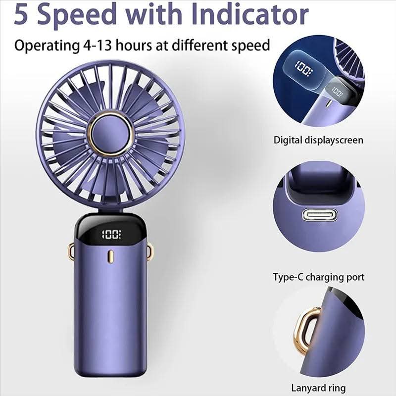 Picture of 4000mAh Handheld Mini Fan Foldable Portable Neck Hanging Fans 5 Speed USB Rechargeable Fan with Phone Stand and Display 