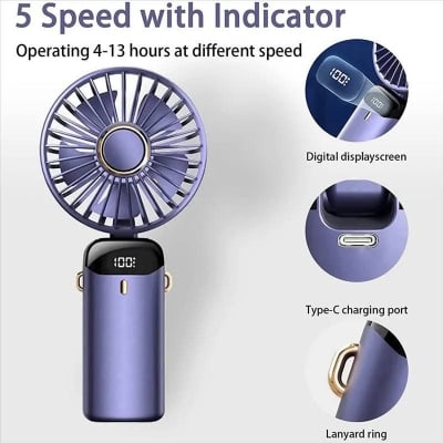 Picture of 4000mAh Handheld Mini Fan Foldable Portable Neck Hanging Fans 5 Speed USB Rechargeable Fan with Phone Stand and Display 