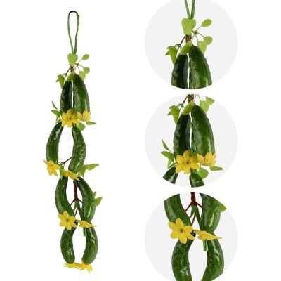 Picture of Fake Cucumber Simulation Cucumber String Artificial Vegetable Fruit String Green Cucumbers with Yellow Flowers for Home Kitchen Farm Party Wall Decoration-