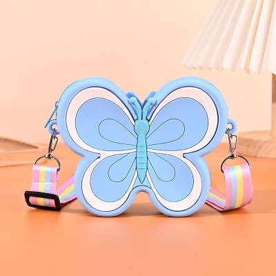 Picture of Cute silicon small purse bag with shoulder strap for children with pop it play option 1pcs (Butterfly Blue)
