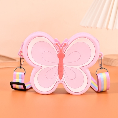 Picture of Cute silicon small purse bag with shoulder strap for children with pop it play option 1pcs (Butterfly Pink)