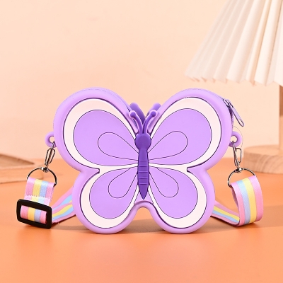 Picture of Cute silicon small purse bag with shoulder strap for children with pop it play option 1pcs (Butterfly Purple)