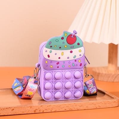 Picture of Cute silicon small purse bag with shoulder strap for children with pop it play option 1pcs (Ice cream Blue)